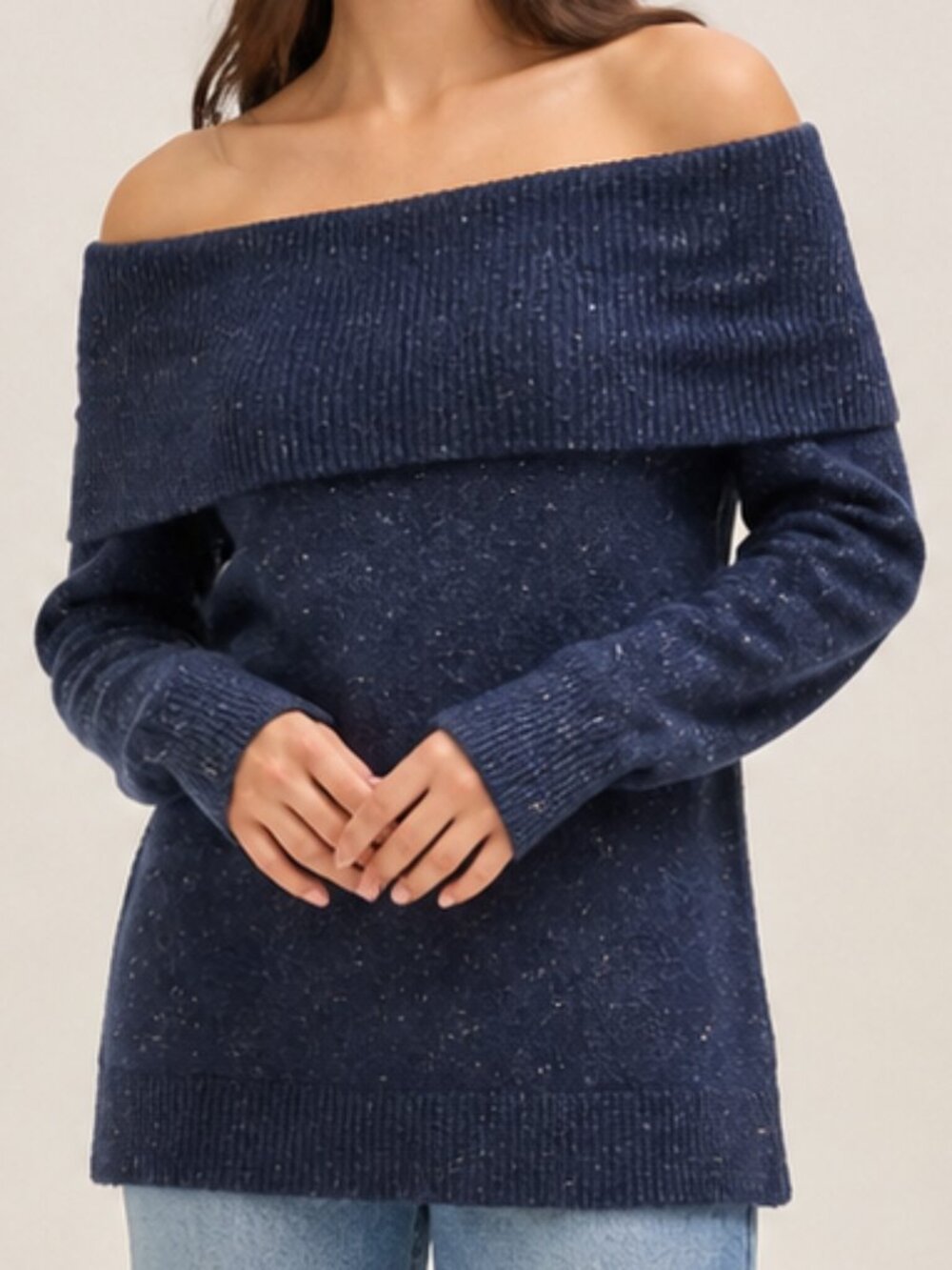 LOFT Outlet Off-Shoulder Sweater Navy Speckled XS